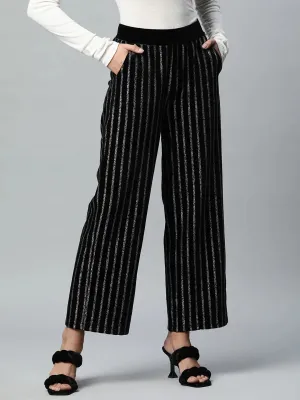 Women Loose Fit Full Length Black Striped Foil Printed Velvet Trousers