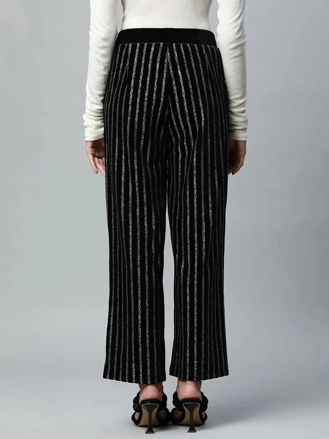 Women Loose Fit Full Length Black Striped Foil Printed Velvet Trousers