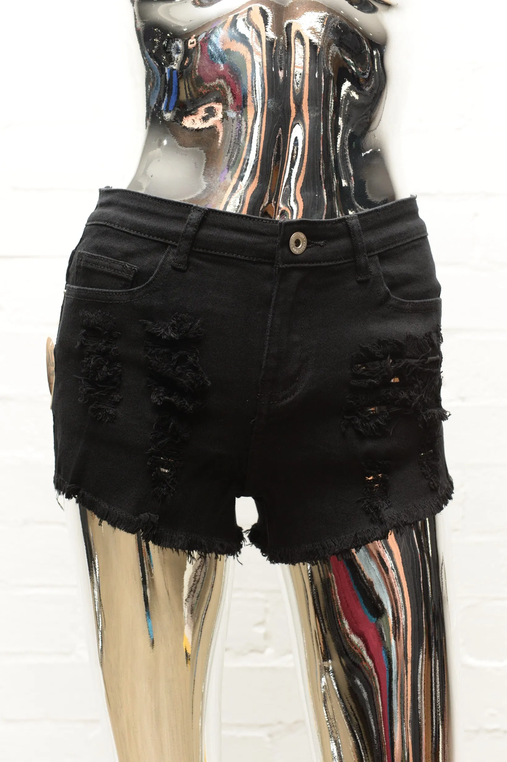 Womens Black Denim Shorts  Distressed