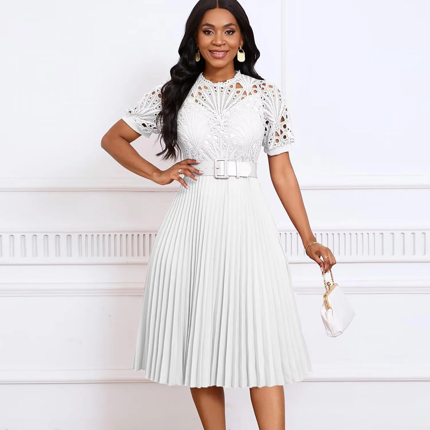 Womens Fashion Lace Dress Cut Out Pleated Sexy Solid Color Midi Prom Dress A-Line Flowy Dresses