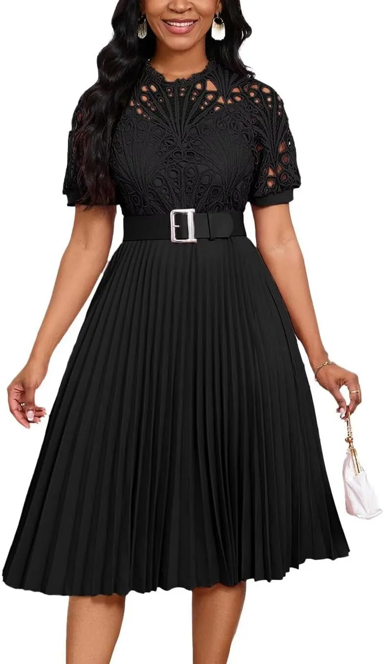 Womens Fashion Lace Dress Cut Out Pleated Sexy Solid Color Midi Prom Dress A-Line Flowy Dresses
