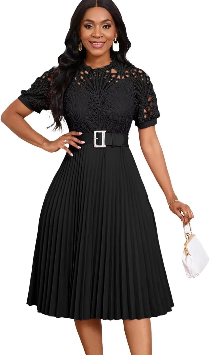 Womens Fashion Lace Dress Cut Out Pleated Sexy Solid Color Midi Prom Dress A-Line Flowy Dresses