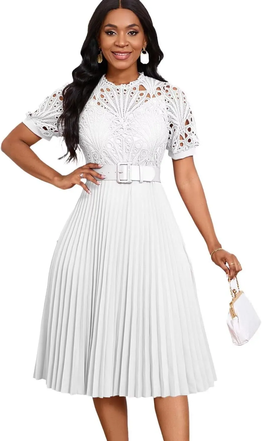 Womens Fashion Lace Dress Cut Out Pleated Sexy Solid Color Midi Prom Dress A-Line Flowy Dresses