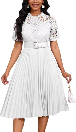 Womens Fashion Lace Dress Cut Out Pleated Sexy Solid Color Midi Prom Dress A-Line Flowy Dresses