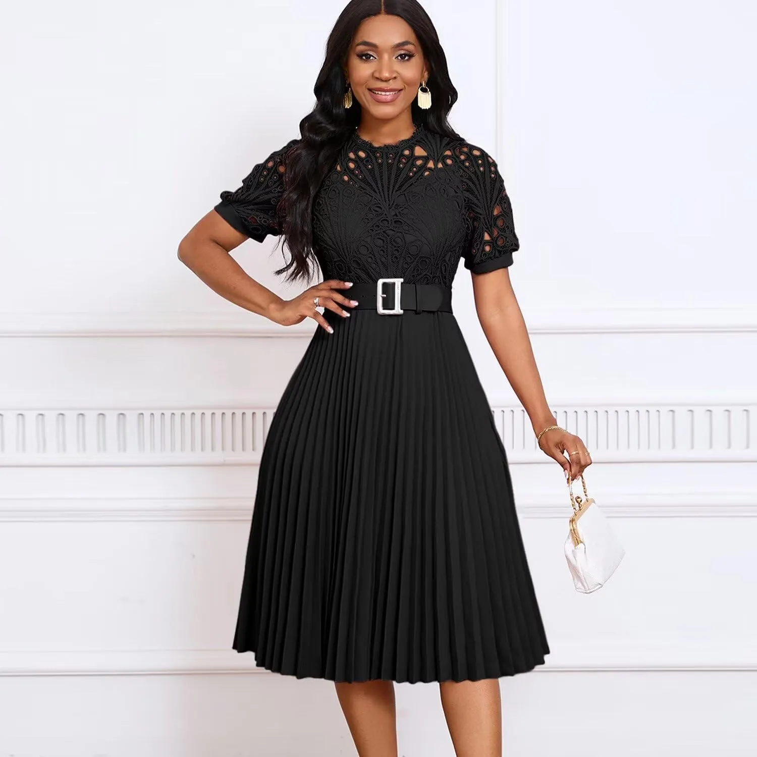 Womens Fashion Lace Dress Cut Out Pleated Sexy Solid Color Midi Prom Dress A-Line Flowy Dresses
