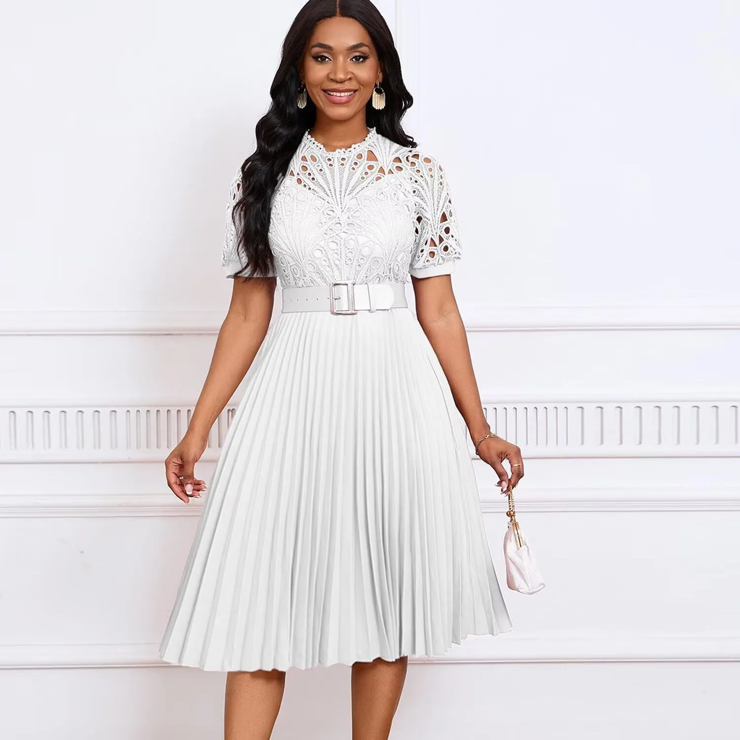 Womens Fashion Lace Dress Cut Out Pleated Sexy Solid Color Midi Prom Dress A-Line Flowy Dresses