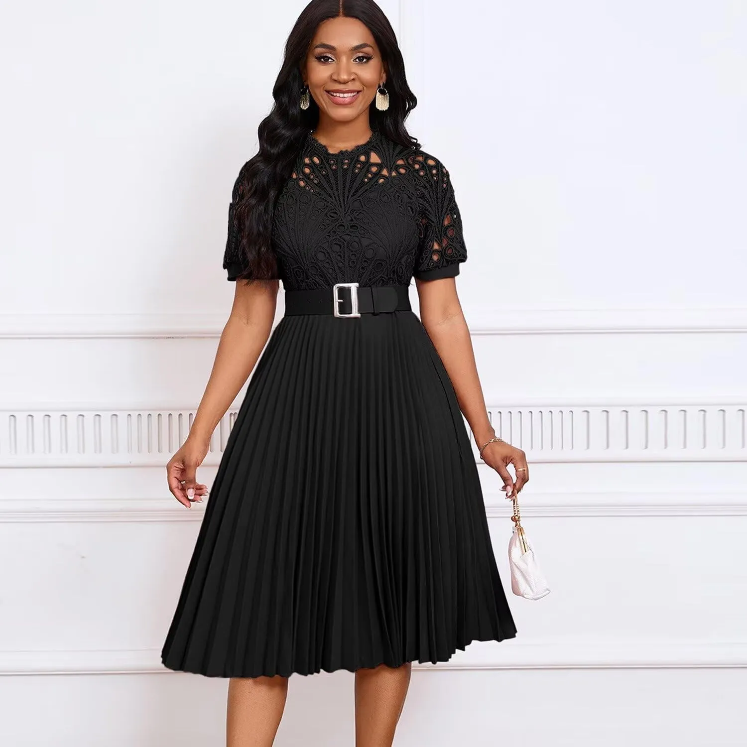 Womens Fashion Lace Dress Cut Out Pleated Sexy Solid Color Midi Prom Dress A-Line Flowy Dresses
