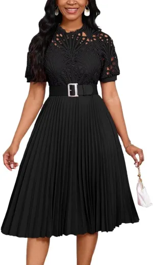 Womens Fashion Lace Dress Cut Out Pleated Sexy Solid Color Midi Prom Dress A-Line Flowy Dresses