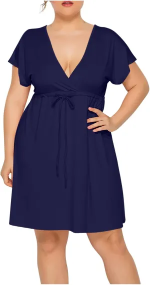 Womens Plus Size Wrap V Neck Dress Short Sleeve A-Line Midi Casual Dresses Tie Waist Loose Flowy Summer Dress