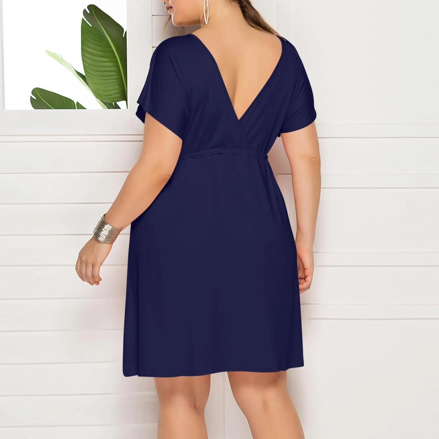 Womens Plus Size Wrap V Neck Dress Short Sleeve A-Line Midi Casual Dresses Tie Waist Loose Flowy Summer Dress