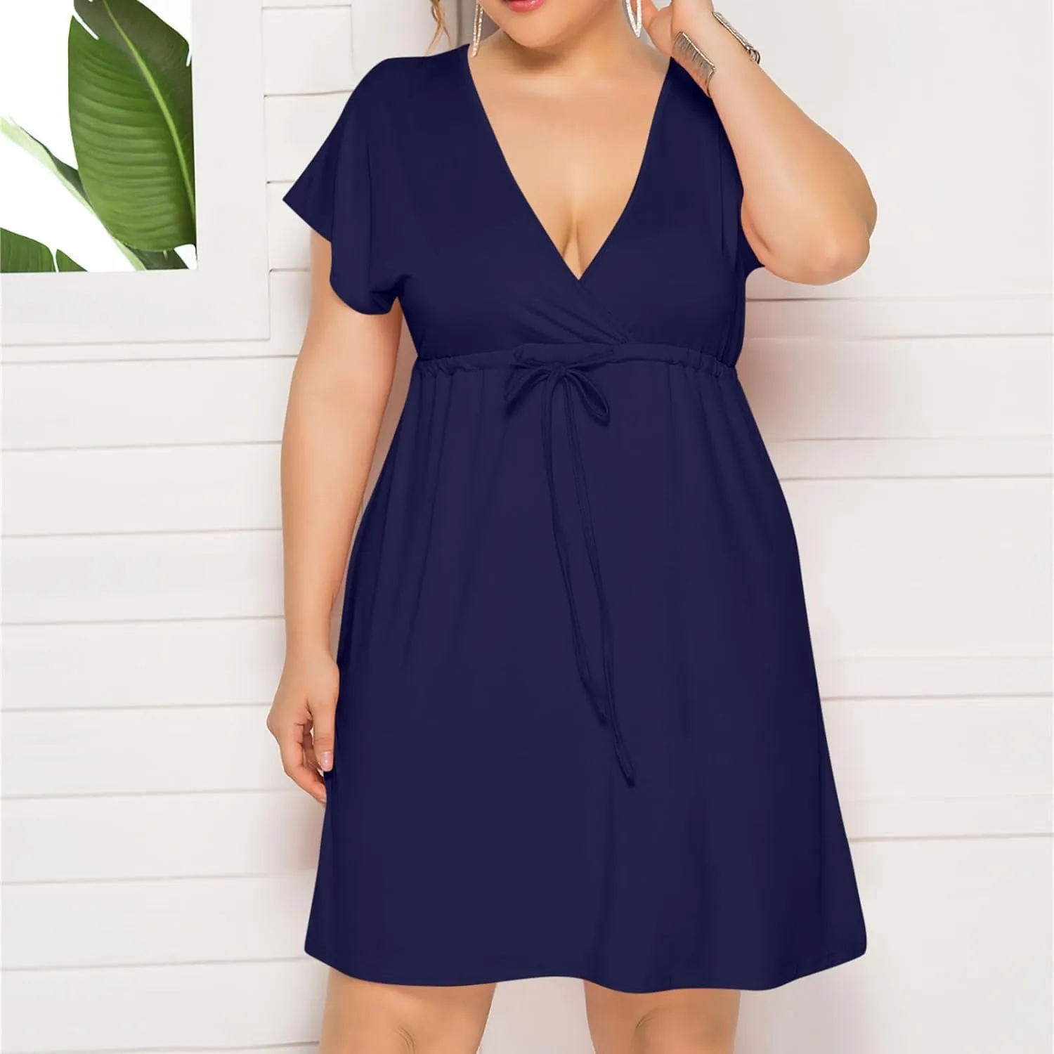 Womens Plus Size Wrap V Neck Dress Short Sleeve A-Line Midi Casual Dresses Tie Waist Loose Flowy Summer Dress