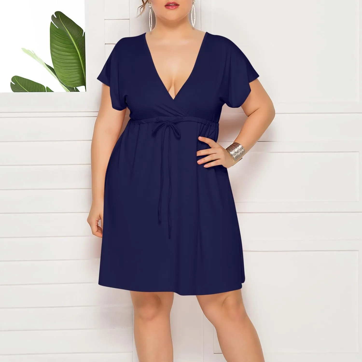 Womens Plus Size Wrap V Neck Dress Short Sleeve A-Line Midi Casual Dresses Tie Waist Loose Flowy Summer Dress