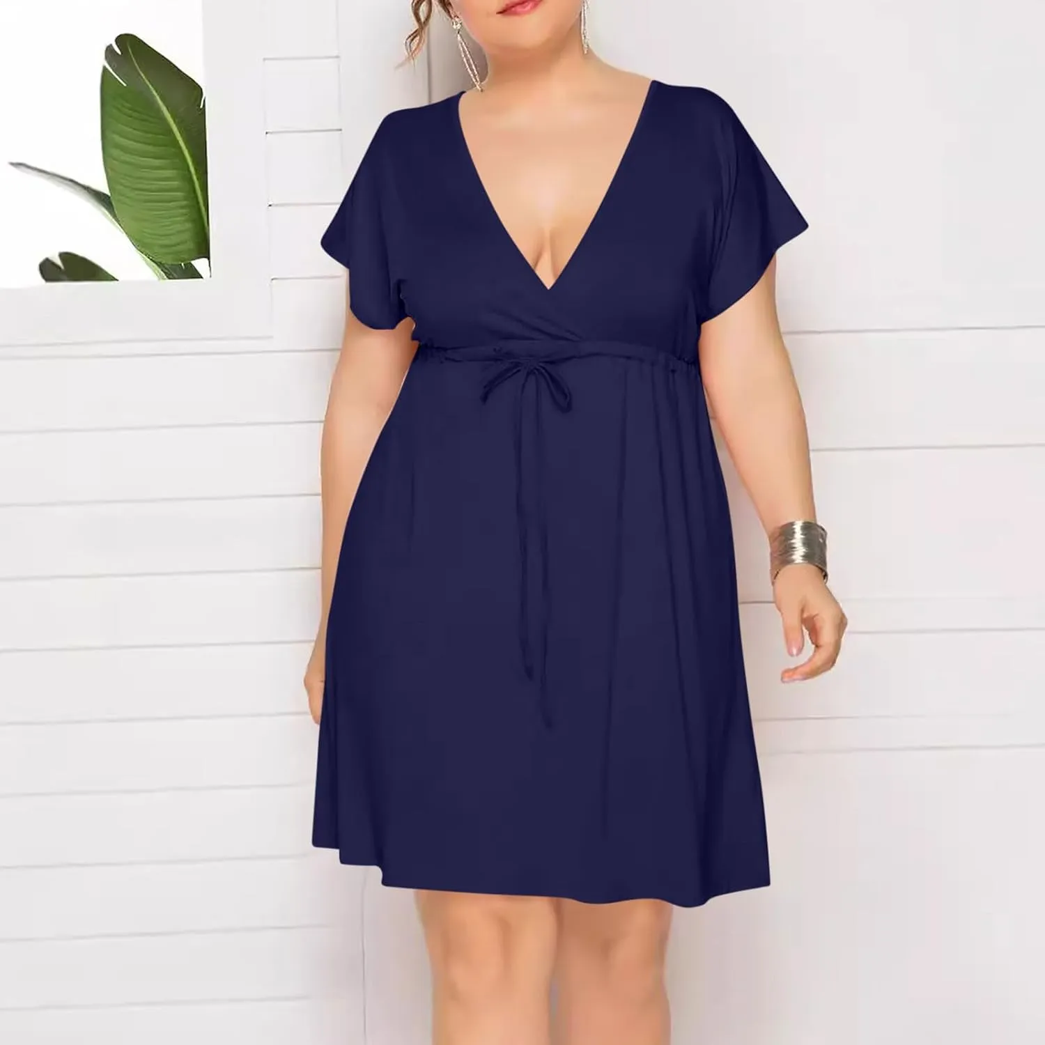 Womens Plus Size Wrap V Neck Dress Short Sleeve A-Line Midi Casual Dresses Tie Waist Loose Flowy Summer Dress