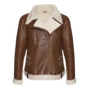 Women's White Faux Fur Merino Shearling Brown Leather Jacket