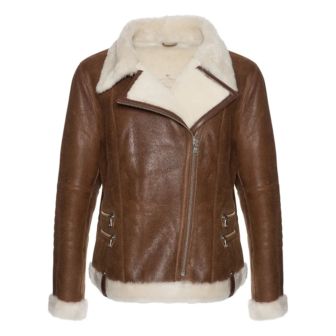 Women's White Faux Fur Merino Shearling Brown Leather Jacket